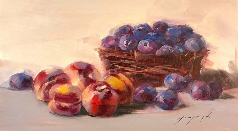 Still Life with Plums, Original oil Painting, Handmade artwork, Ready to hang                   